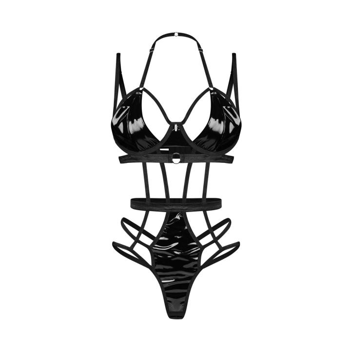 Czarne body z paskami i efektem wet look Keira Lise Obsessive