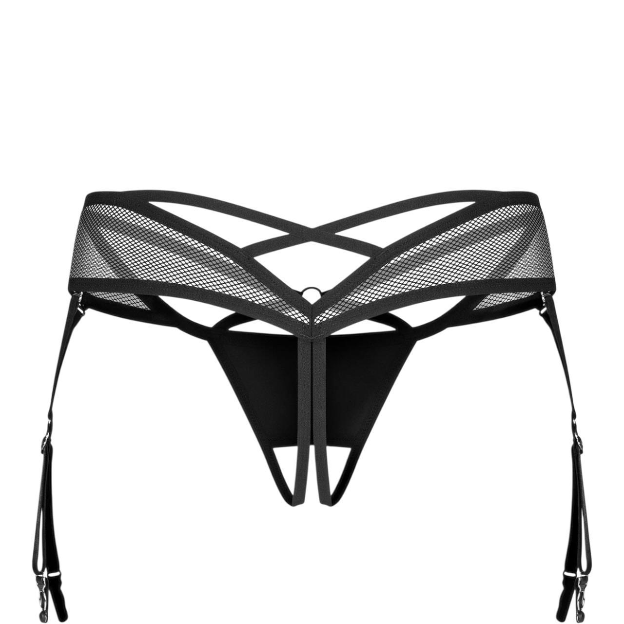 Czarne otwarte Stringi z imitacji skóry i siateczki Dominna  Obsessive