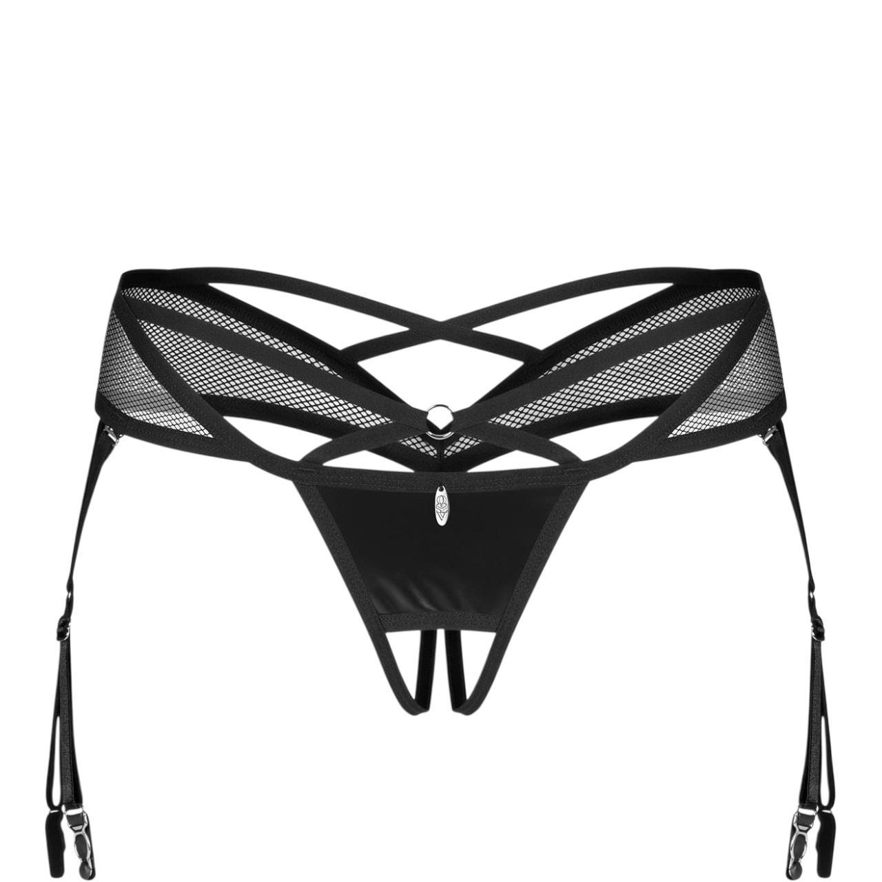 Czarne otwarte Stringi z imitacji skóry i siateczki Dominna  Obsessive