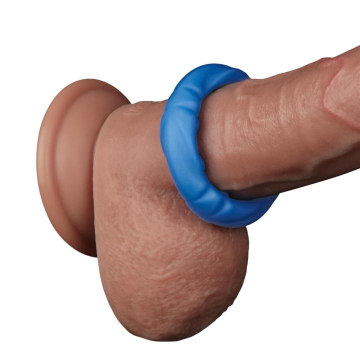Niebieski silikonowy pierścień erekcyjny wypustkami i żebrami