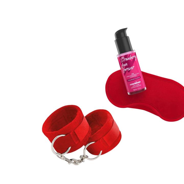 Zmysłowy Zestaw dla Par : miękkie kajdanki, opaska na oczy i truskawkowy wodny lubrykant 50 ml.