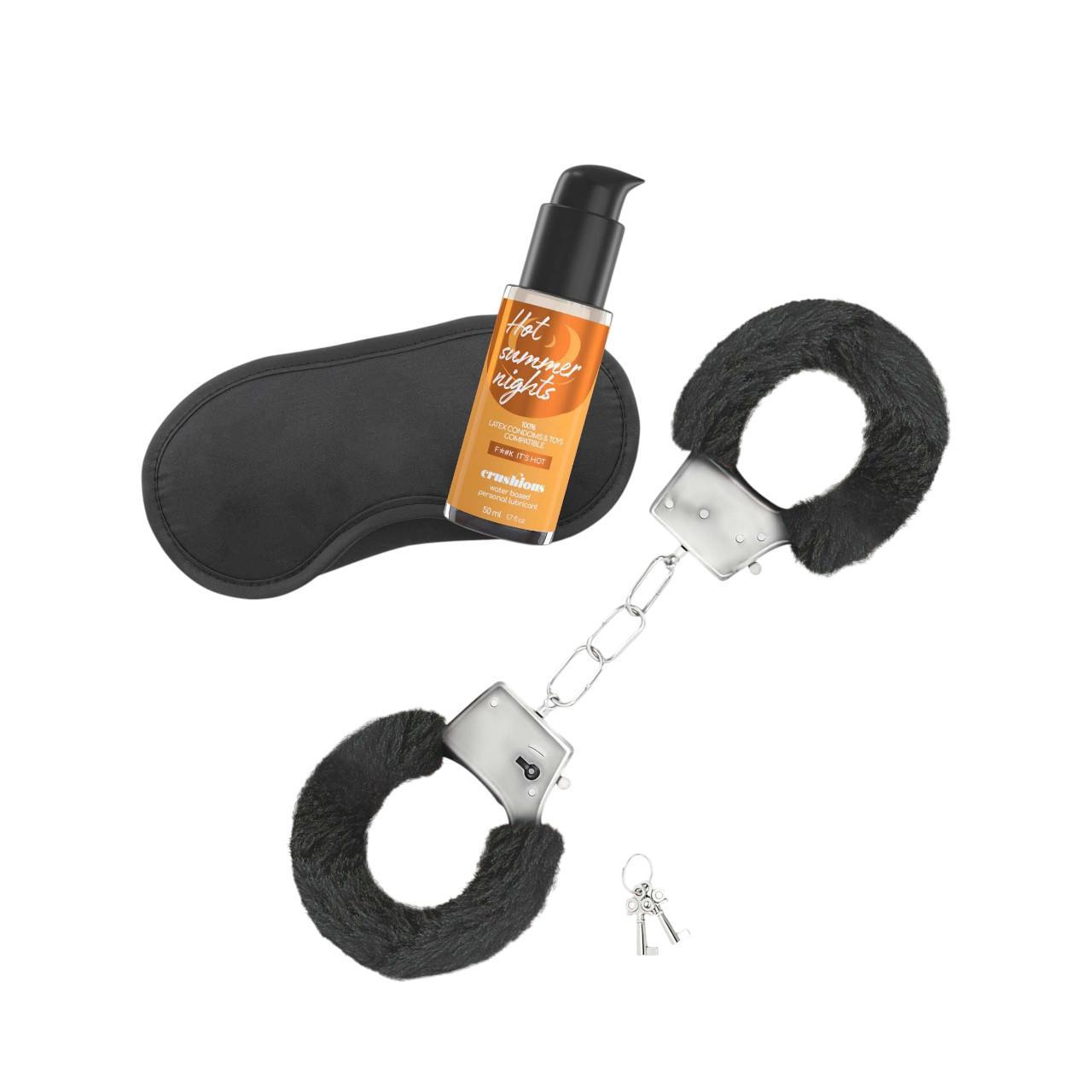 Zestaw dla początkujących bondage : miękkie kajdanki, opaskę na oczy i wodny lubrykant 50 ml.