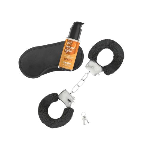 Zestaw dla początkujących bondage : miękkie kajdanki, opaskę na oczy i wodny lubrykant 50 ml.
