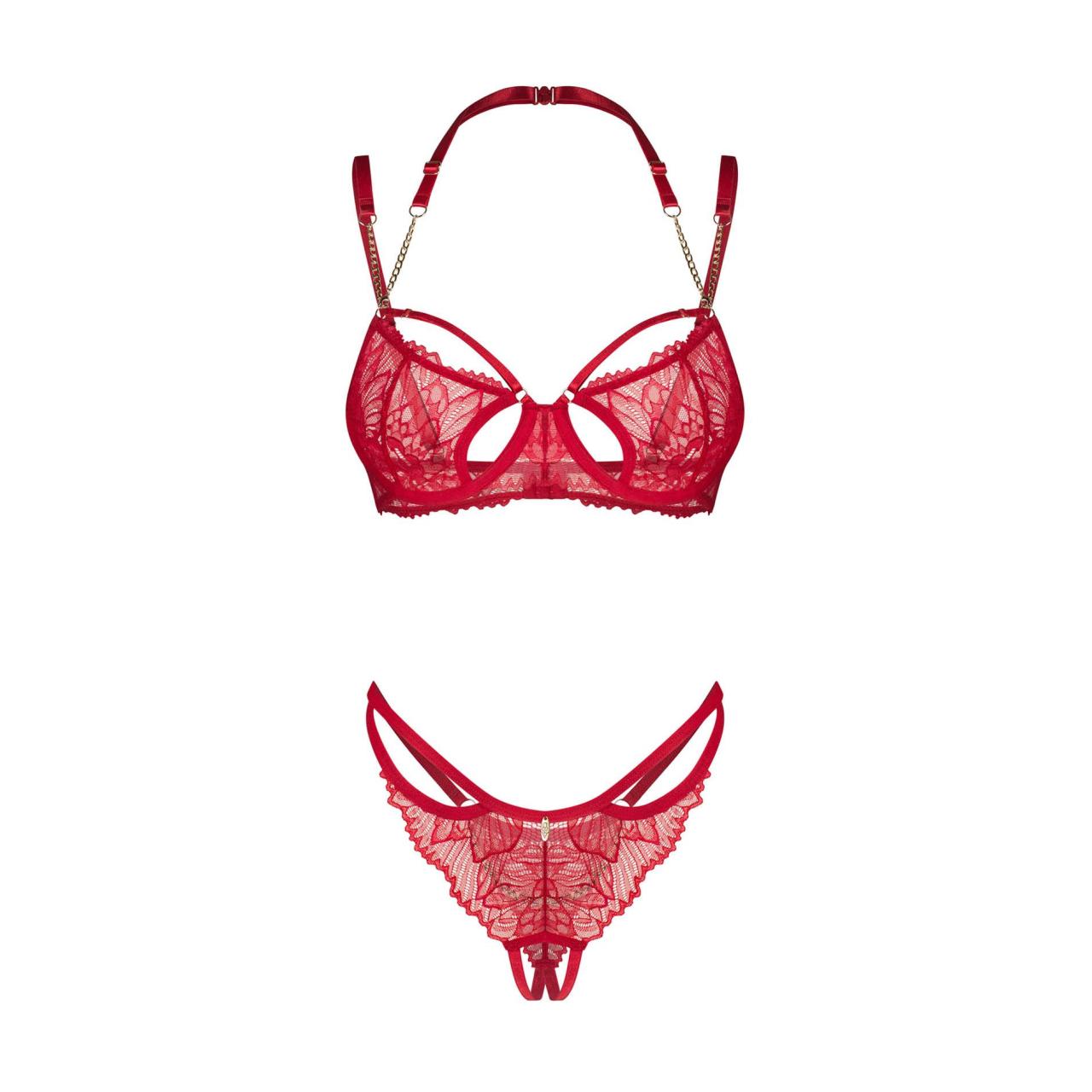 Czerwony, elegancki komplet otwarty 2-częściowy z delikatnej koronki Obsessive Matildea
