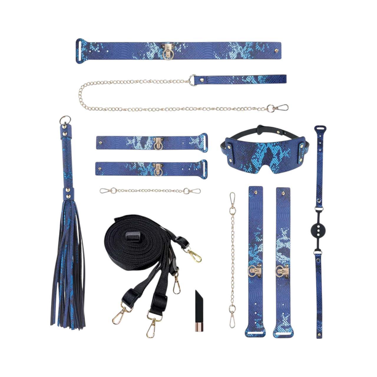 Luksusowy zestaw BDSM dla wymagających w kolorze niebieskim- zapakowany w elegancką torebkę