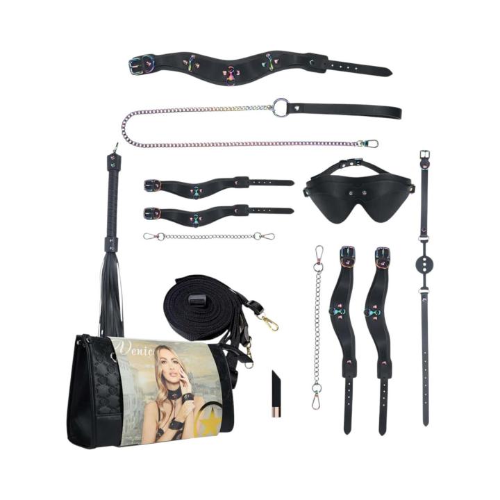 Luksusowy zestaw BDSM dla wymagających w kolorze czarnym, zapakowany w elegancką torebkę