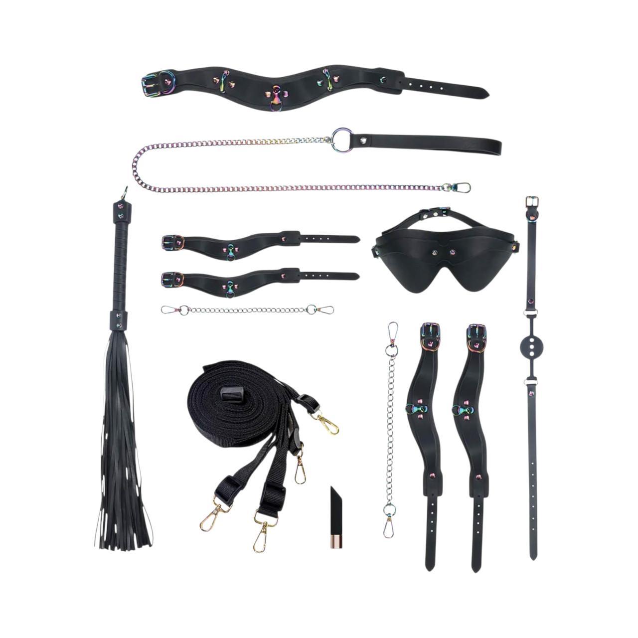 Luksusowy zestaw BDSM dla wymagających w kolorze czarnym, zapakowany w elegancką torebkę