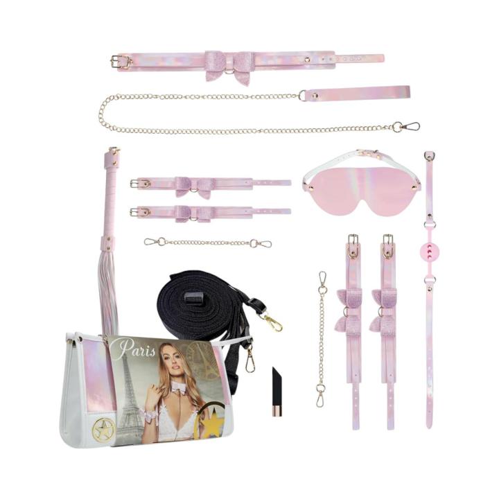 Luksusowy zestaw BDSM dla wymagających w kolorze różowym, zapakowany w elegancką torebkę