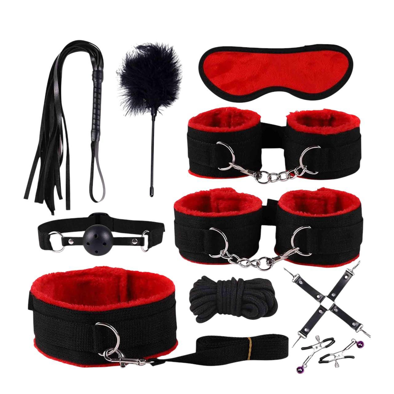 Zestaw BDSM w kolorze czarno-czerwonym - 10 elementów