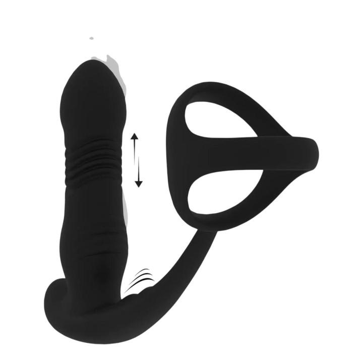 Wibrujący i posuwisty masażer prostaty z pierścieniem na penisa