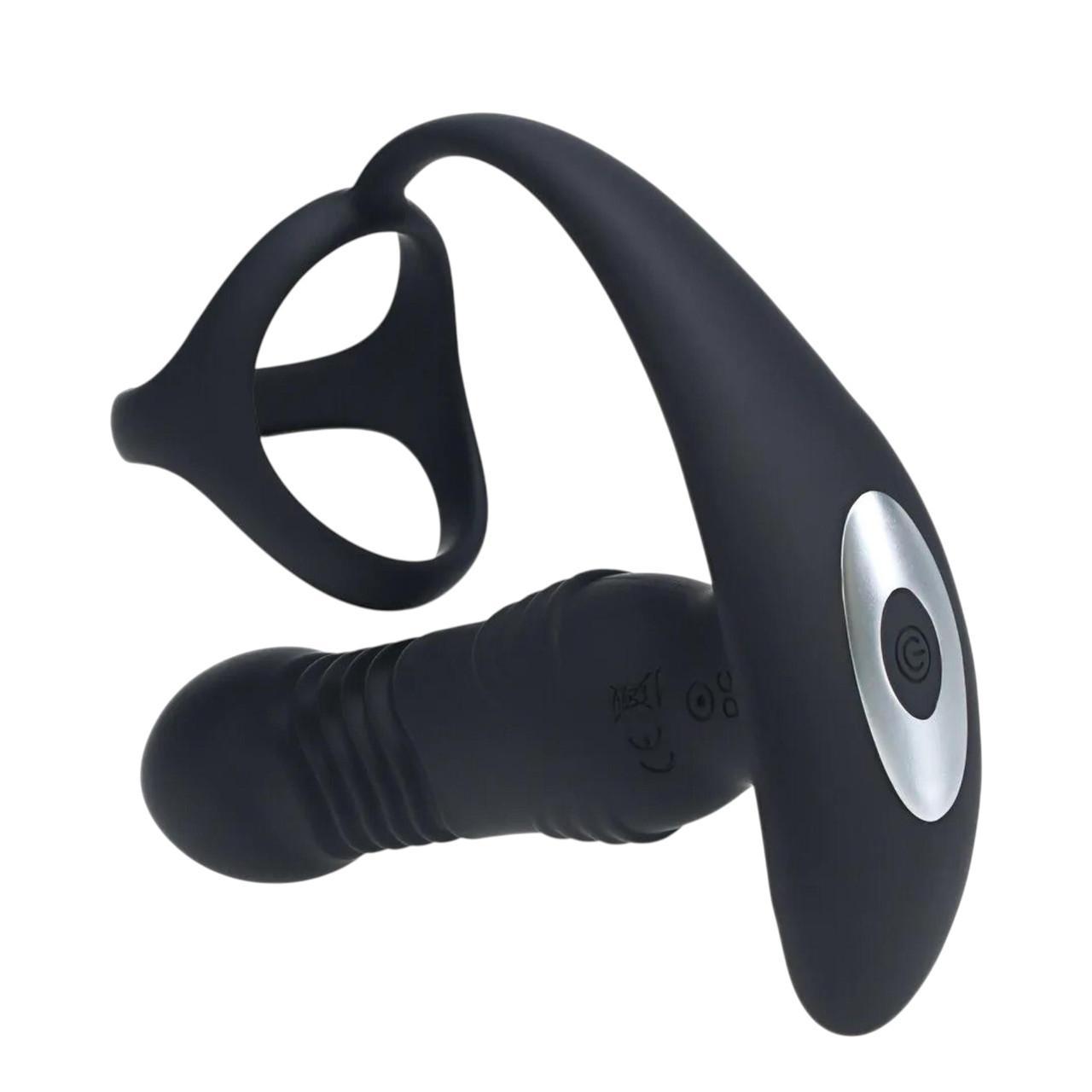 Wibrujący i posuwisty masażer prostaty z pierścieniem na penisa