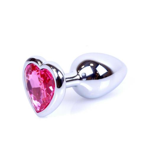 Srebrny metalowy korek analny z różowym kryształkiem w kształcie serca - średnica 2,8 cm