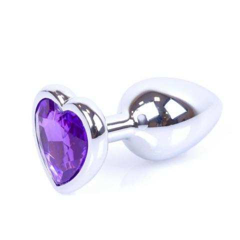Srebrny metalowy korek analny z fioletowym kryształkiem w kształcie serca - średnica 2,8 cm
