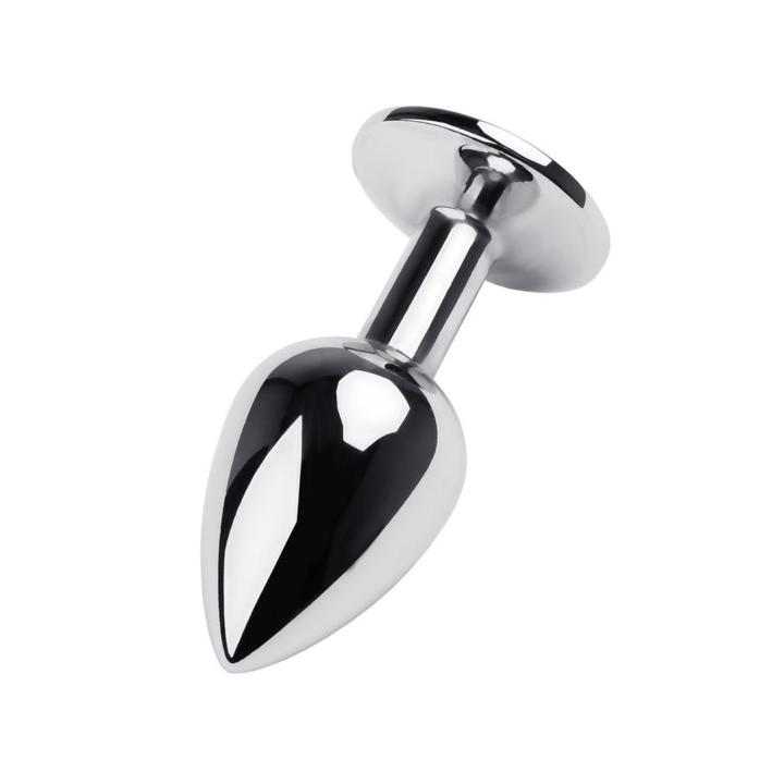 Srebrny metalowy korek analny z czarnym kryształkiem- długość 9,5 cm