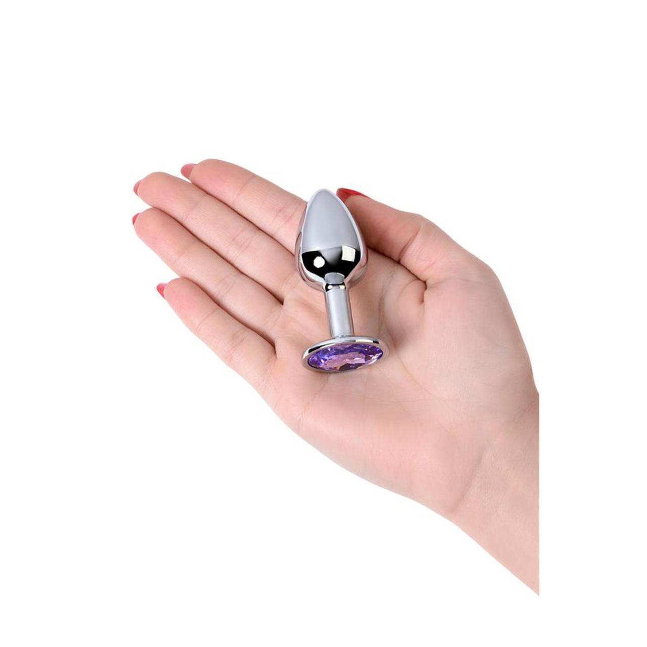 Mały srebrny korek analny z fioletowym kryształkiem- średnica 2,8cm