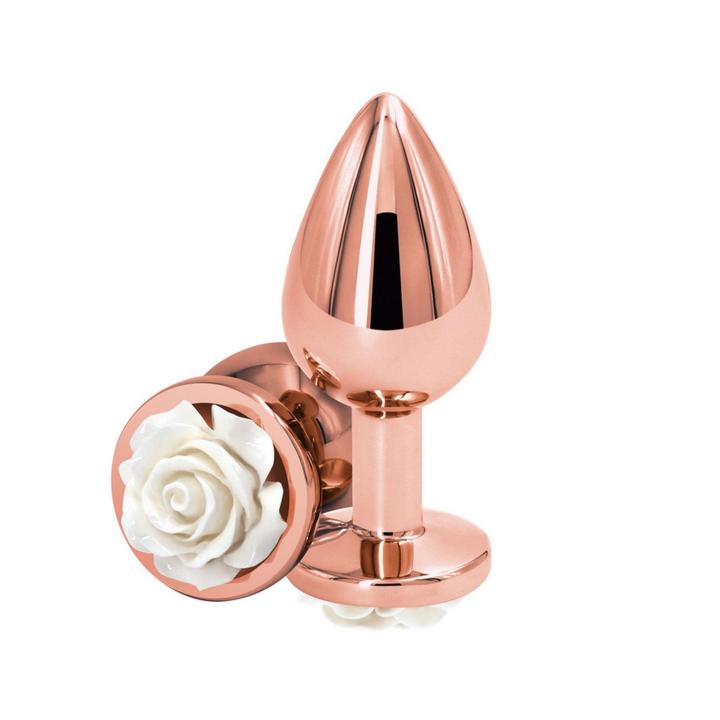 Miedziany korek analny z białą różyczką: średnica 3,3cm (rozmiar M)