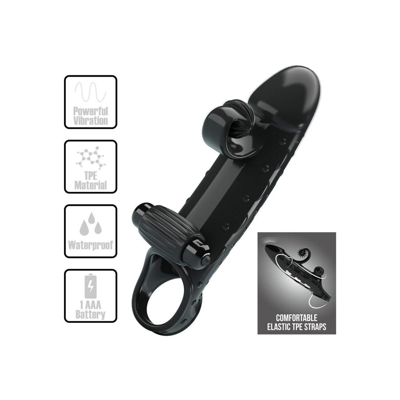 Wibrująca nakładka na penisa czarna z pierścieniem i stymulatorem | Loris.pl