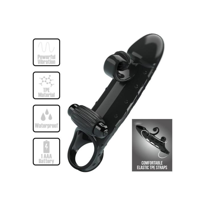 Wibrująca nakładka na penisa czarna z pierścieniem i stymulatorem | Loris.pl