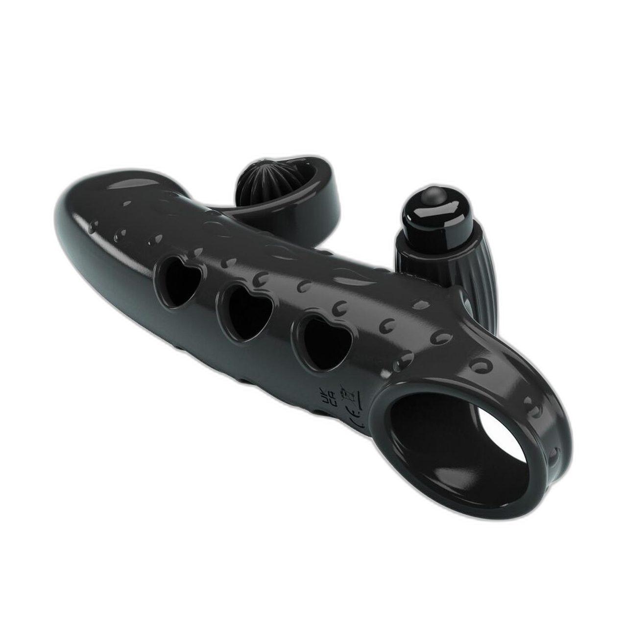 Wibrująca nakładka na penisa czarna z pierścieniem i stymulatorem | Loris.pl