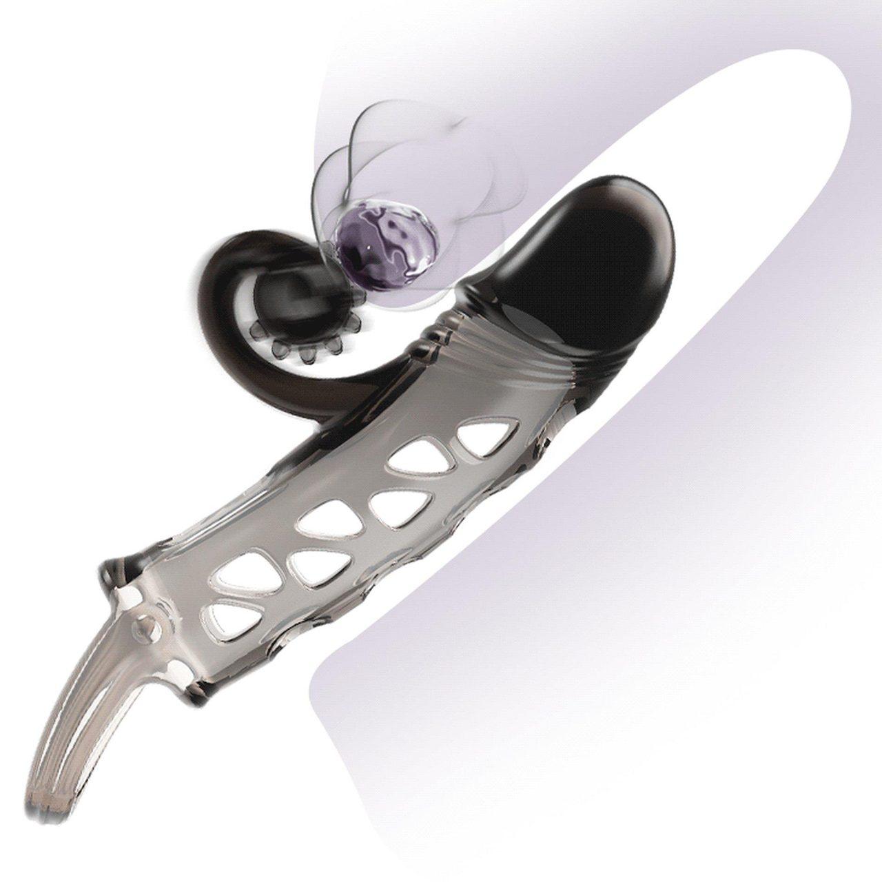 Przedłużka na penisa z wibracjami i stymulatorem łechtaczki czarna TPE