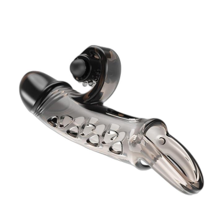 Przedłużka na penisa z wibracjami i stymulatorem łechtaczki czarna TPE