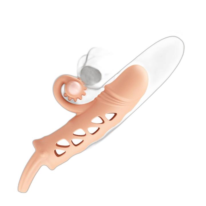 Przedłużka na penisa z wibracjami i stymulatorem łechtaczki | cielista TPE