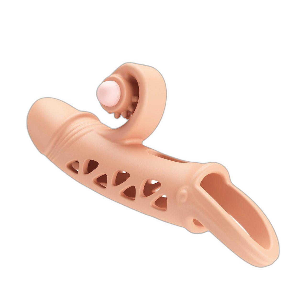 Przedłużka na penisa z wibracjami i stymulatorem łechtaczki | cielista TPE