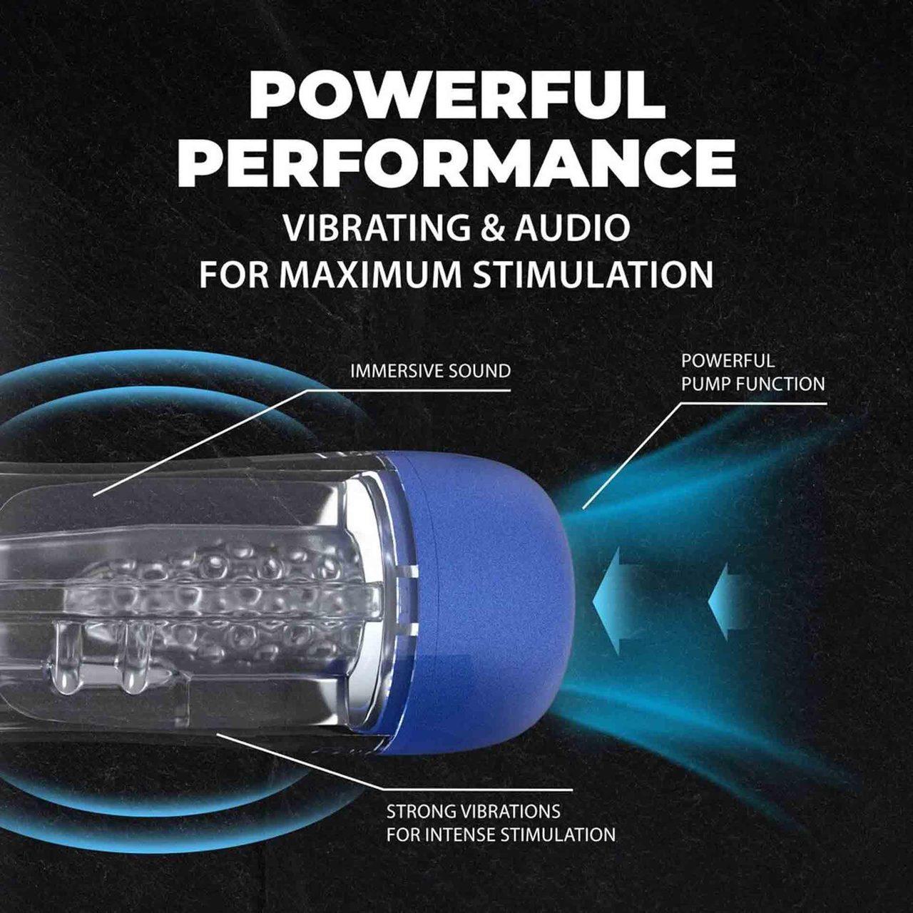 Męska pompka z ssaniem i wibracjami + dźwięk | Metaliczny niebieski | Loris.pl