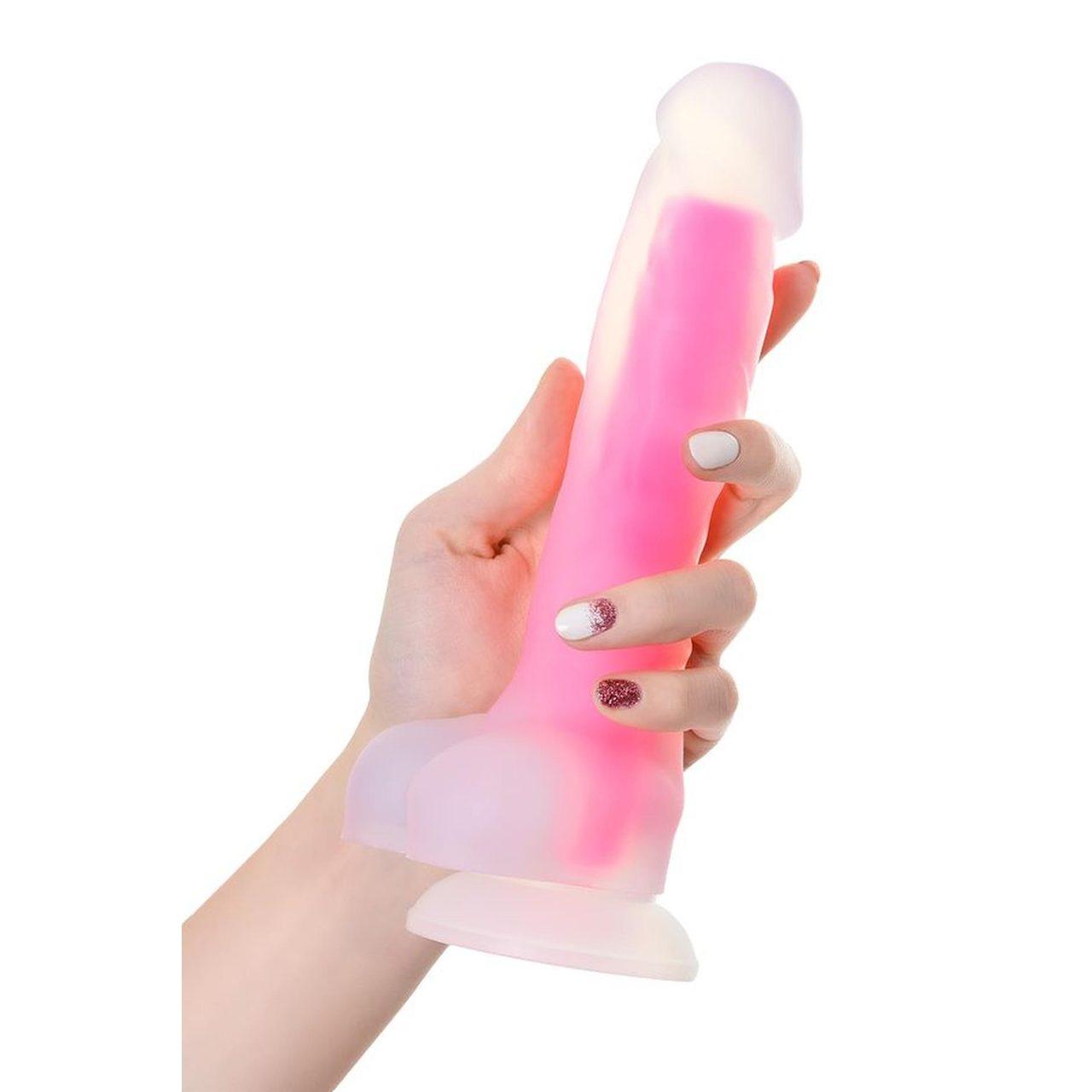 Świecące dildo realistyczne 16,5 cm różowe – miękki silikon | Loris.pl