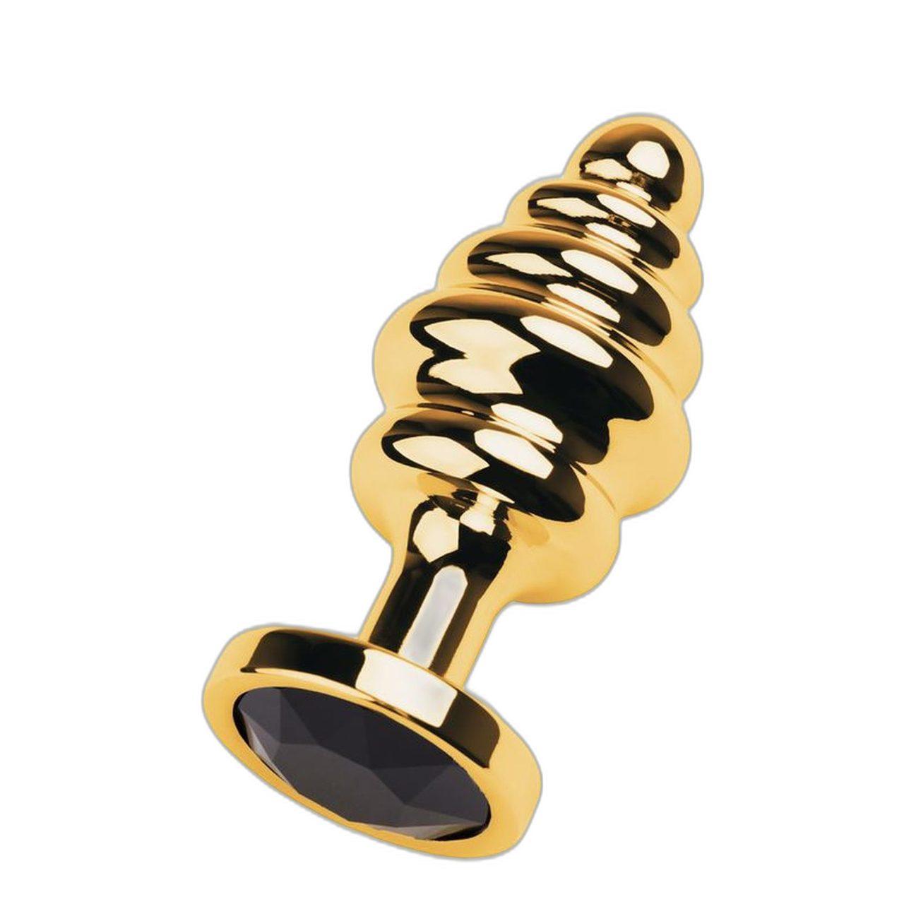 Złoty plug analny z czarnym kryształkiem – teksturowany | Loris.pl
