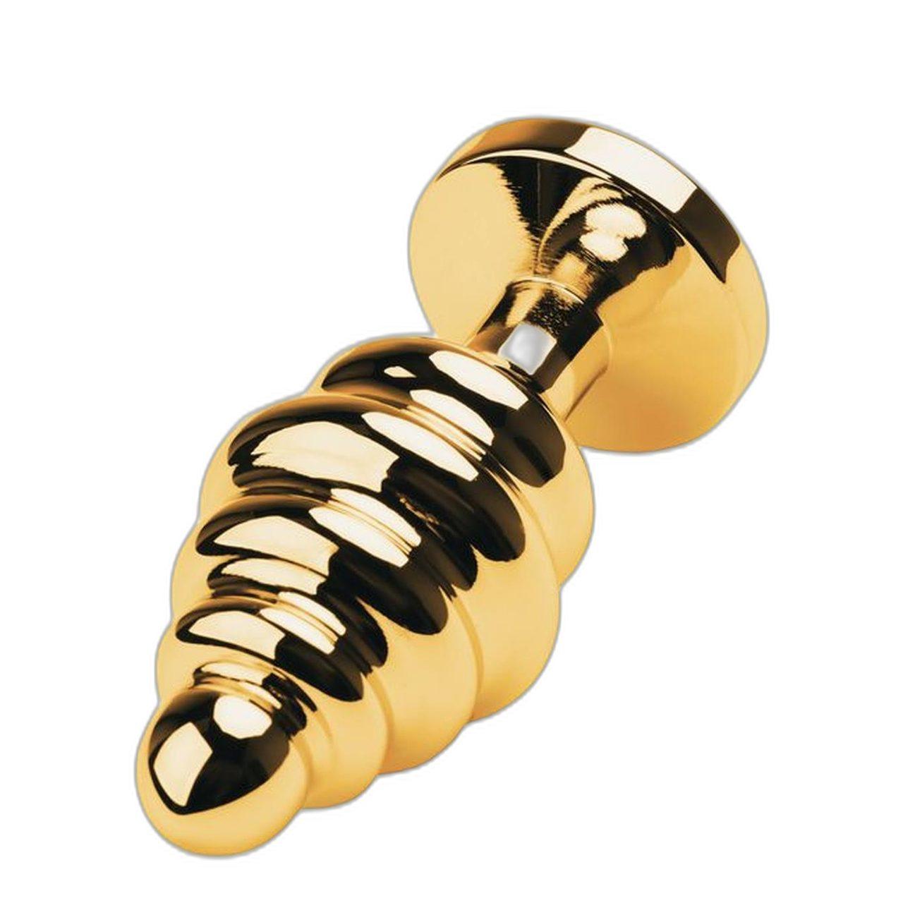 Złoty plug analny z czarnym kryształkiem – teksturowany | Loris.pl