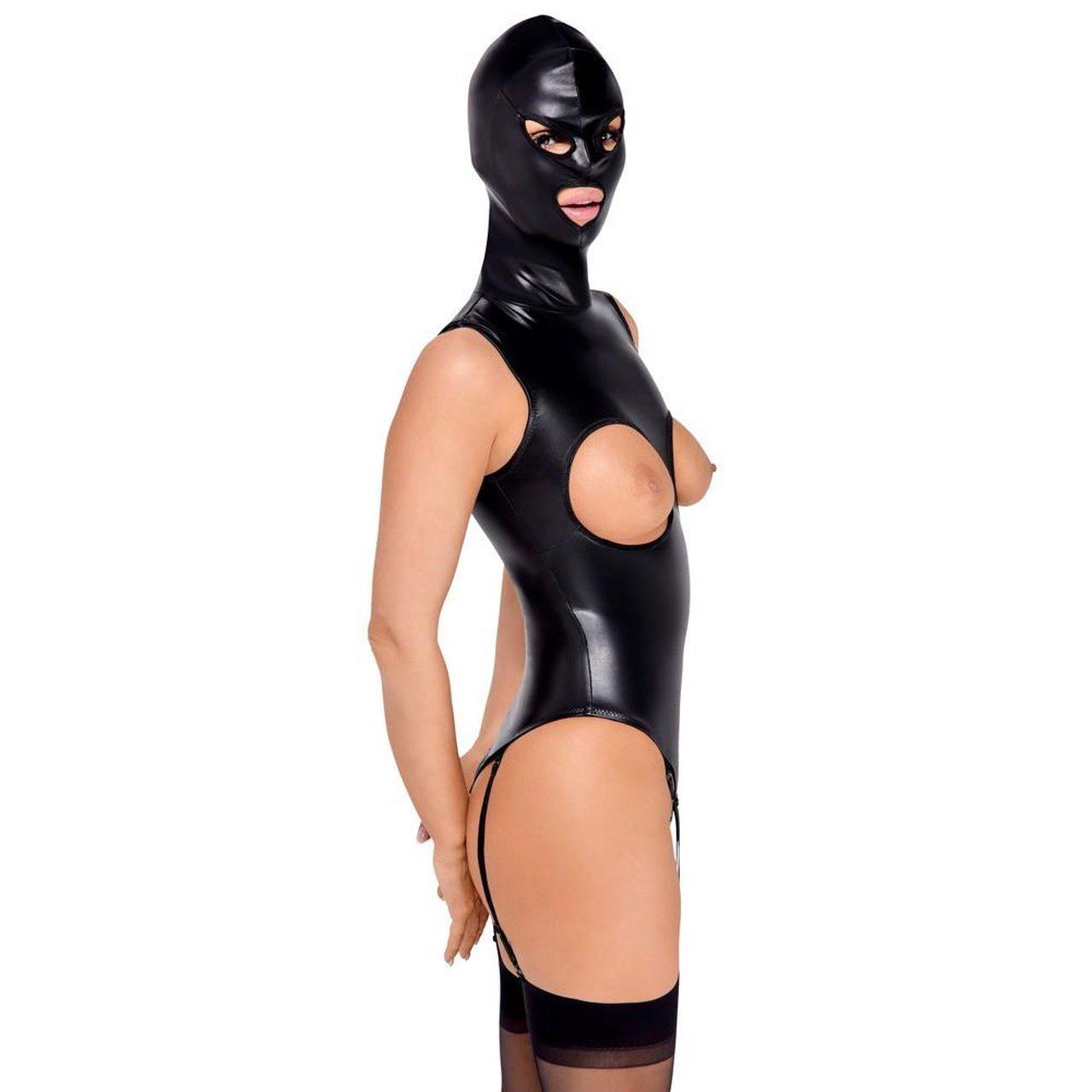 Body bez kroku z maską i paskami do pończoch S | czarna ekoskóra