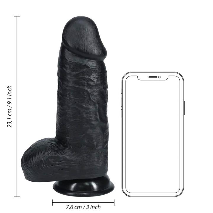 Grube realistyczne dildo 23 cm czarne z przyssawką i podstawą do uprzęży