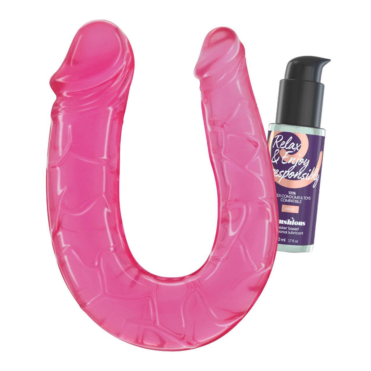 Podwójne dildo różowe + lubrykant analny 50 ml | Zestaw do podwójnej penetracji