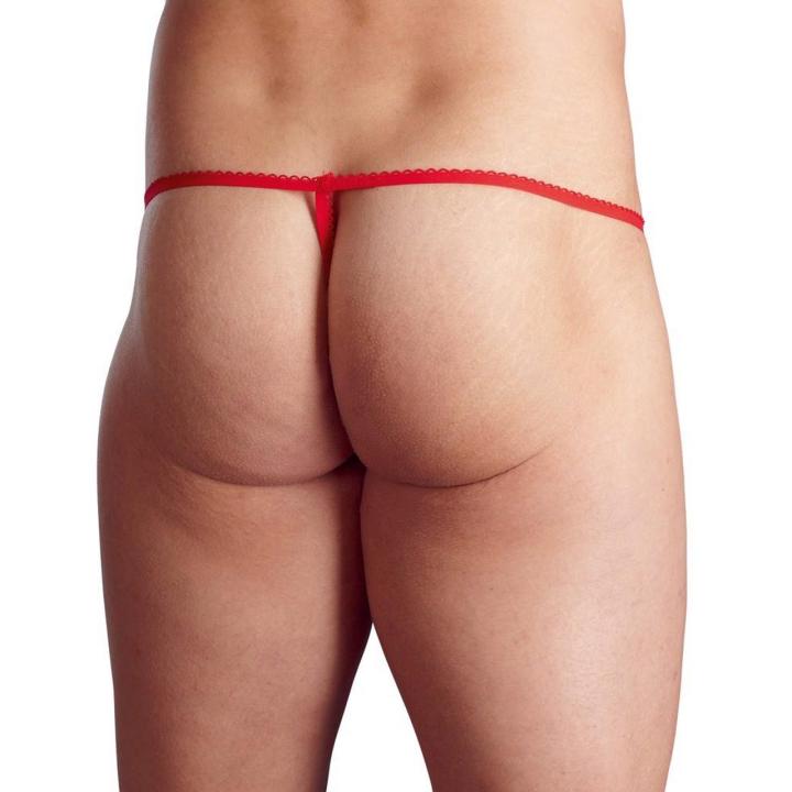 Czerwone stringi męskie z aksamitu S–L – satynowe wstążki | Loris.pl