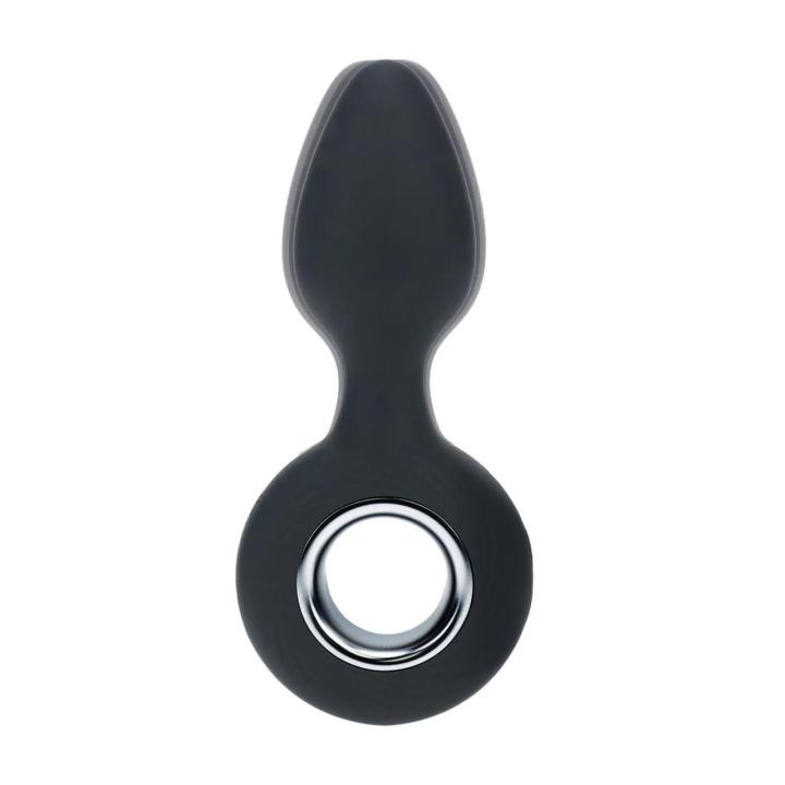 Wibrujący plug analny z pętlą, silikonowy, czarny, ładowany USB