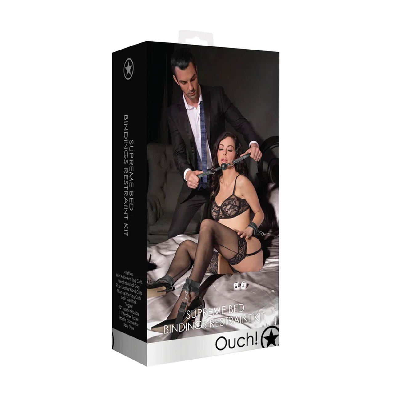Zestaw bondage pod materac BDSM z pasami, mankietami i kneblem | Loris.pl