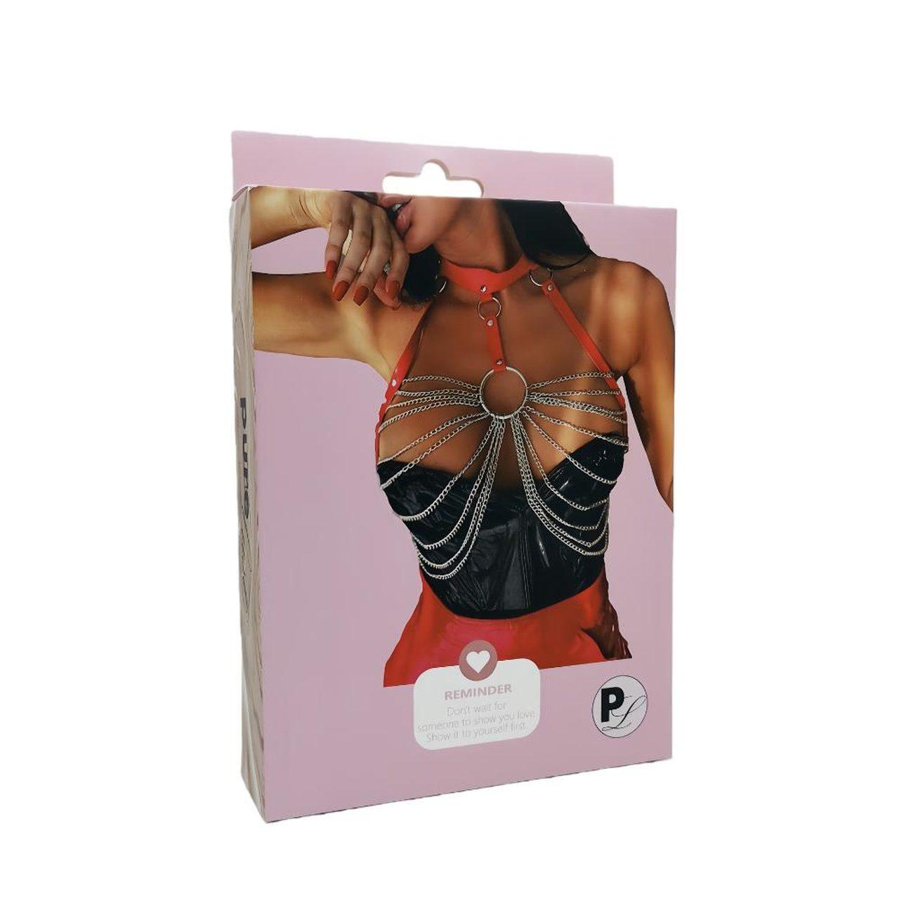 Czerwona uprząż BDSM z kółkiem i łańcuszkami | Loris.pl