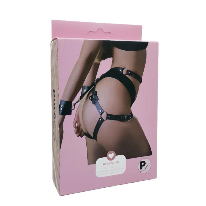 Czarna uprząż BDSM z opaskami na nadgarstki – biodra i pośladki | Loris.pl