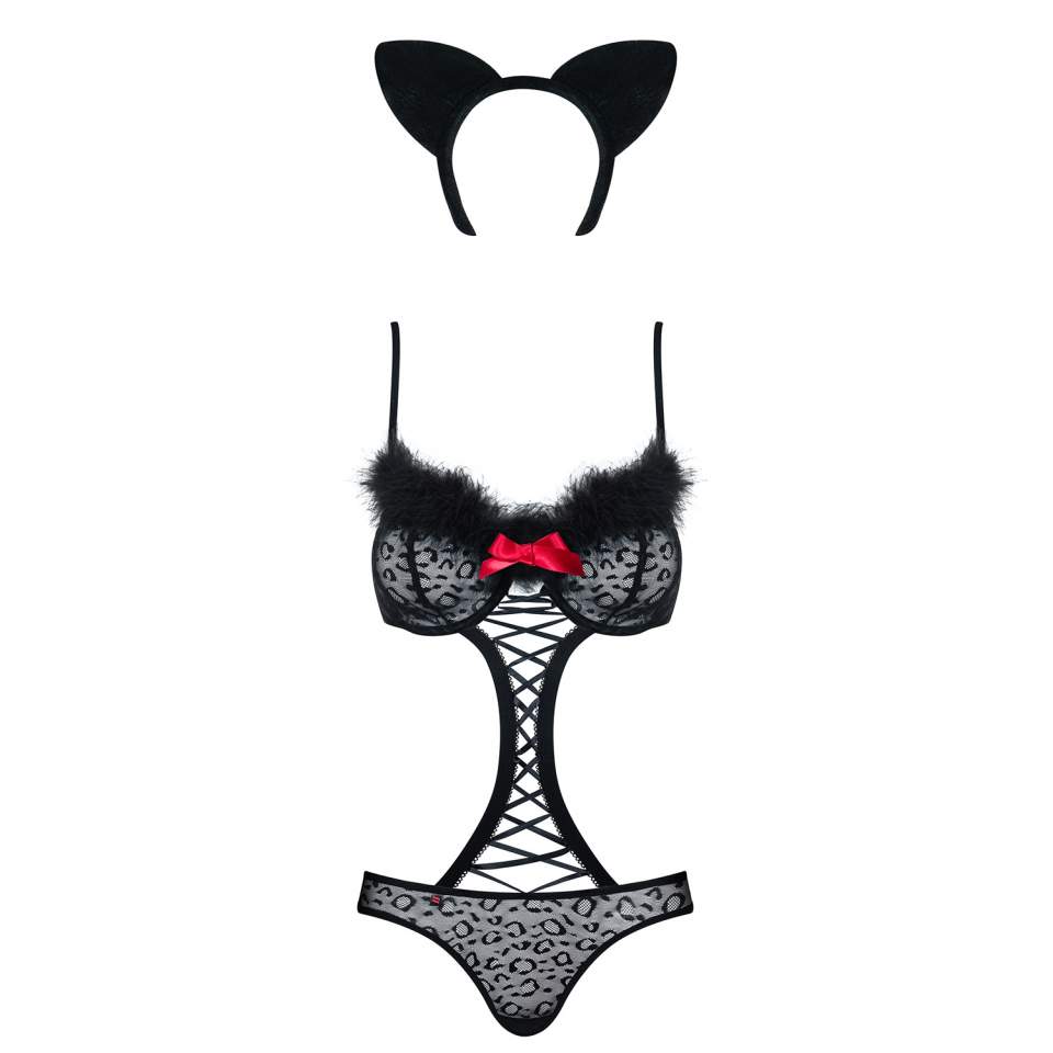 3-częściowy kostium Obsessive Gepardina czarny z drapieżnymi cętkami