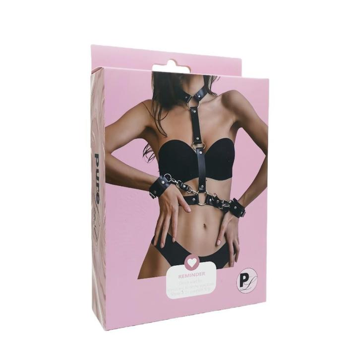 Minimalistyczna czarna uprząż BDSM z opaskami na nadgarstki | Loris.pl