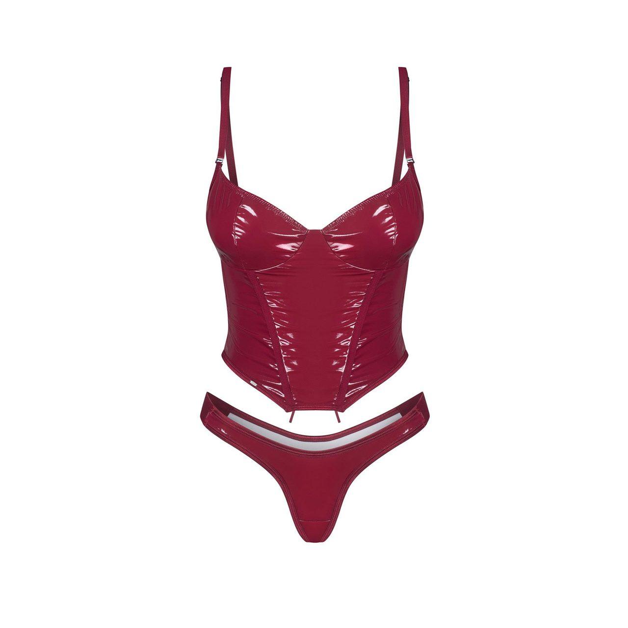 Lakierowany gorset ze sznurowaniem i stringami S/M - błyszczący komplet