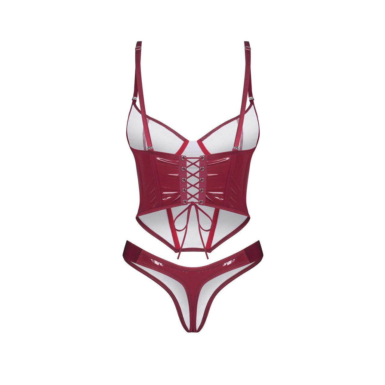Lakierowany gorset ze sznurowaniem i stringami S/M - błyszczący komplet