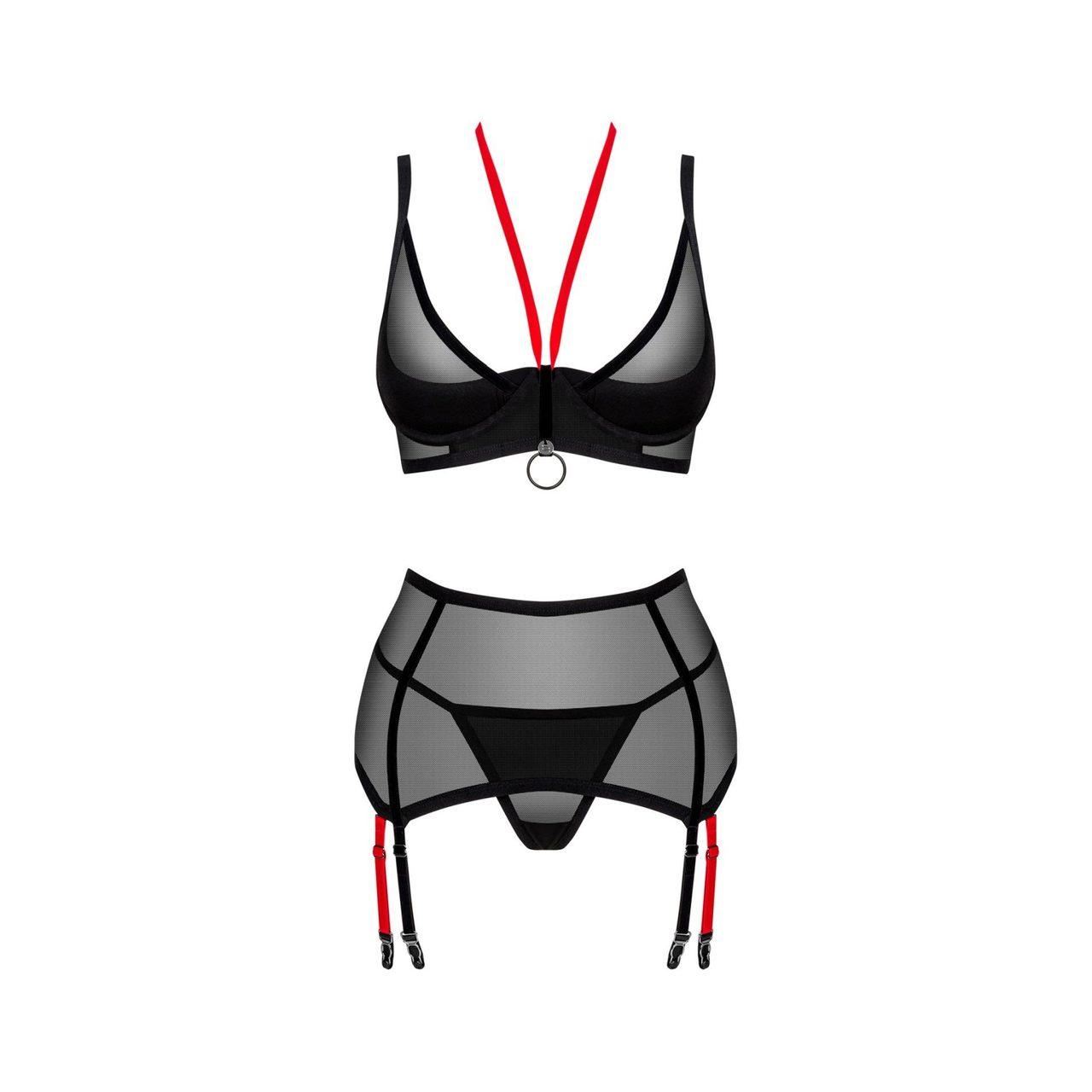 Czarny komplet bielizny 3-częściowy XS/S z pasem do pończoch | Loris.pl