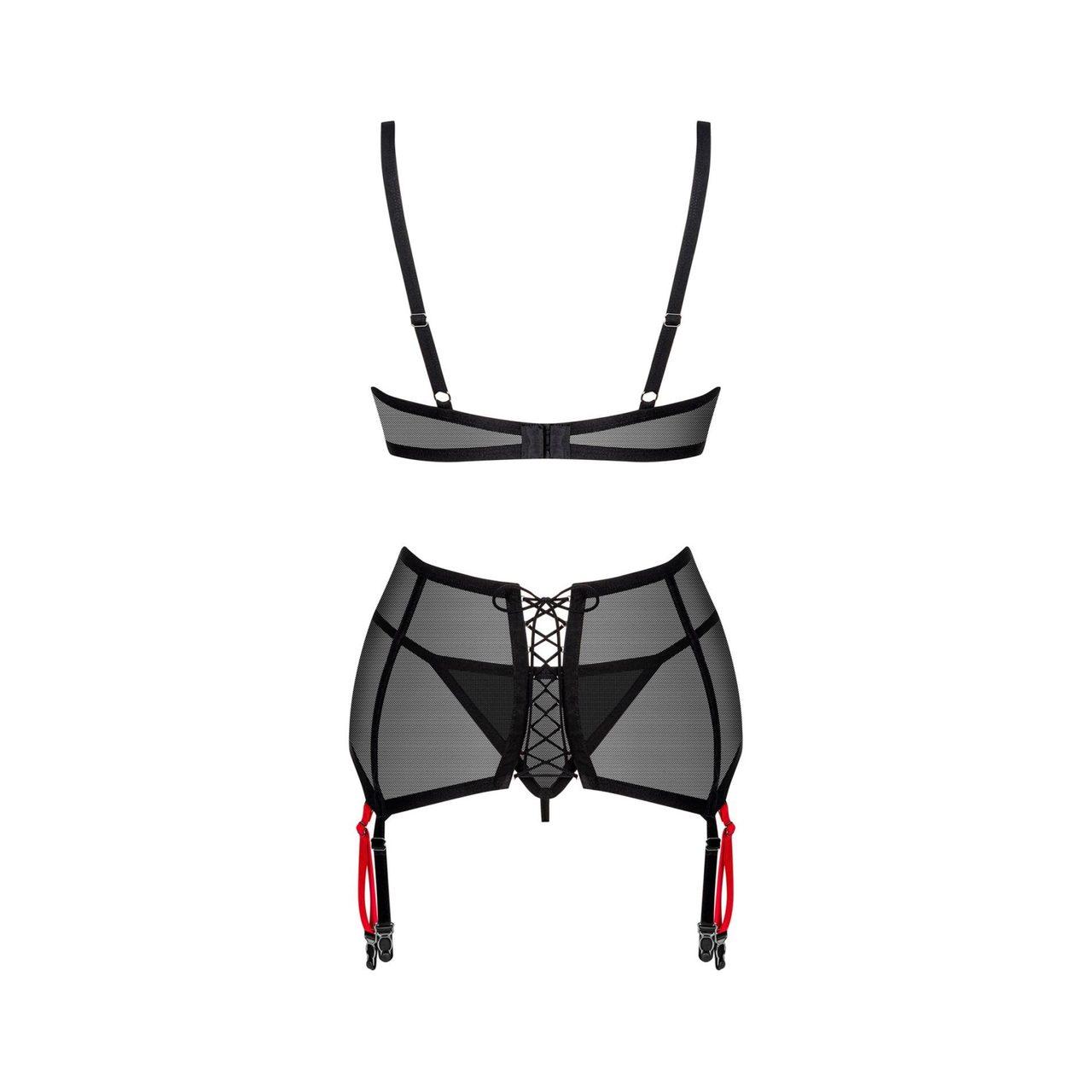 Czarny komplet bielizny 3-częściowy XS/S z pasem do pończoch | Loris.pl