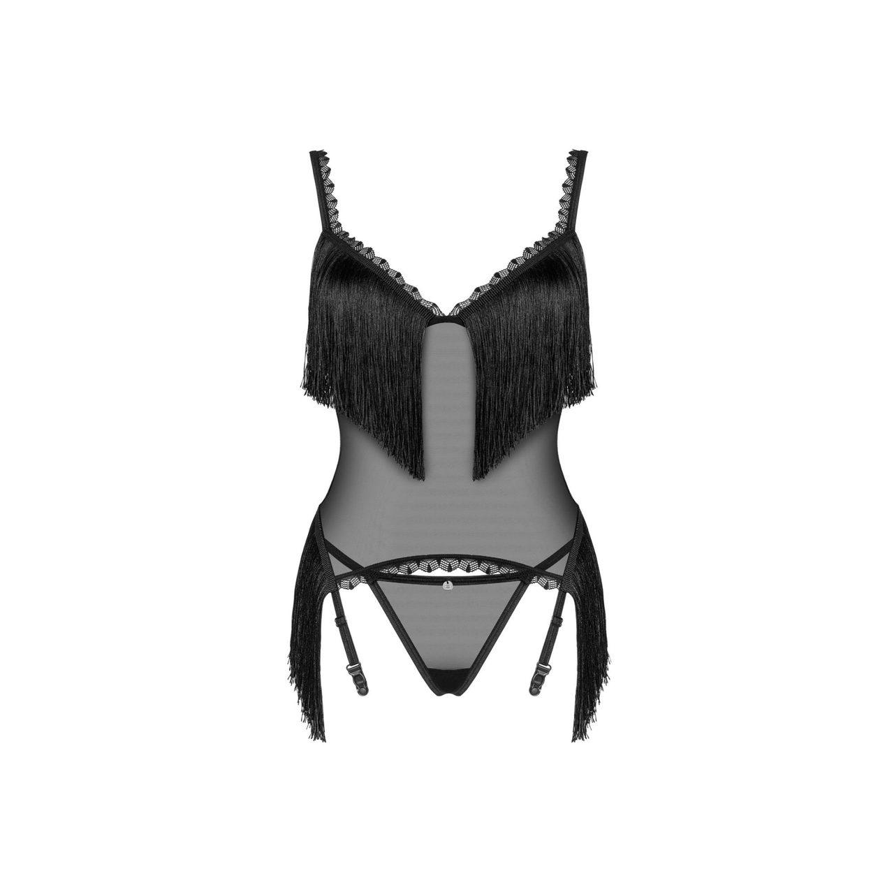 Czarny gorset i stringi XL/2XL - transparentny komplet z regulacją | Loris.pl