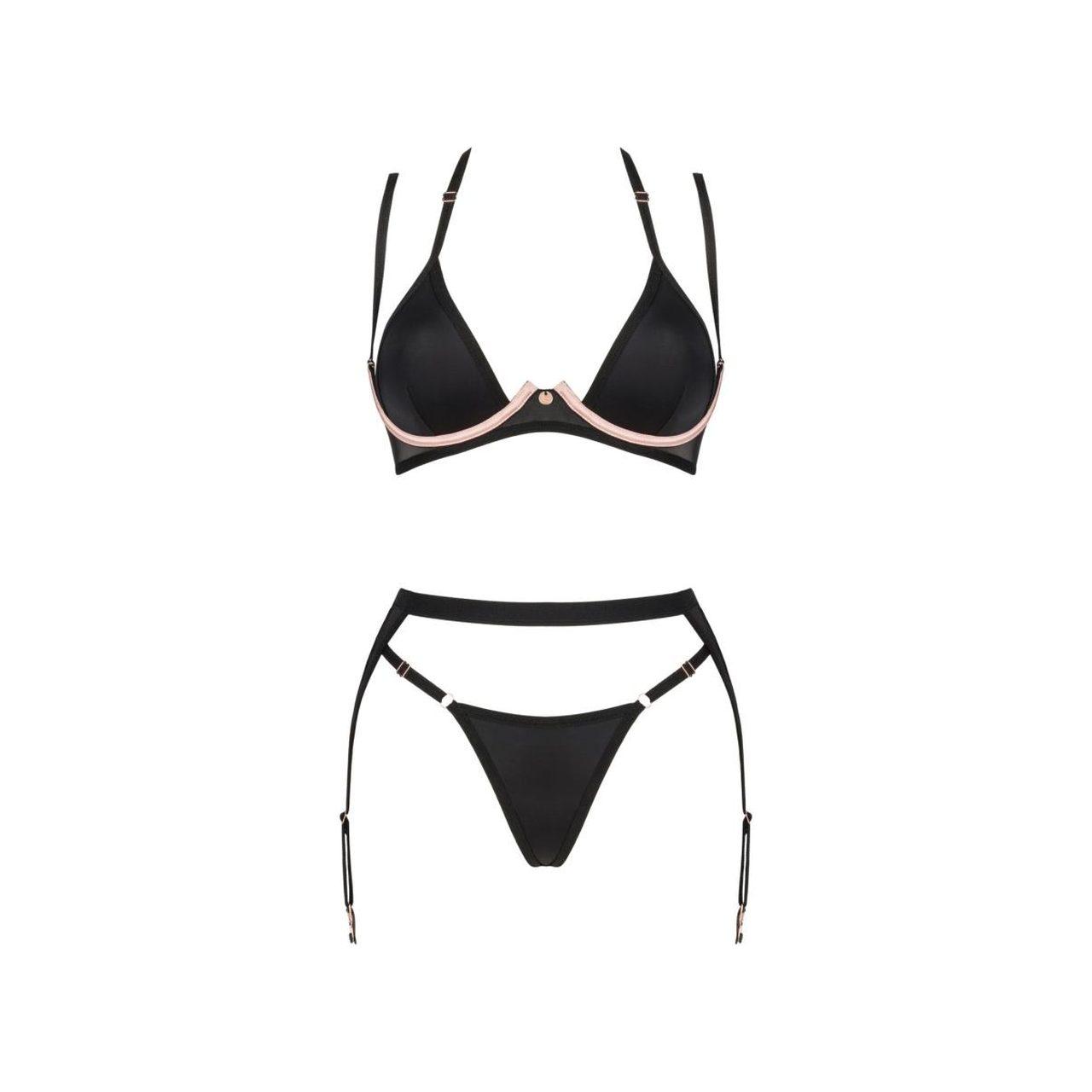 Czarny komplet bielizny 3-częściowy z pasem do pończoch XL/2XL | Loris.pl