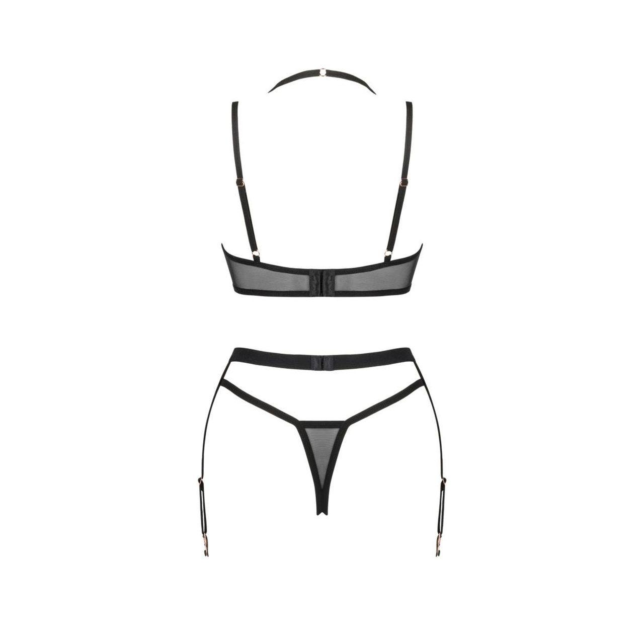 Czarny komplet bielizny 3-częściowy z pasem do pończoch XL/2XL | Loris.pl