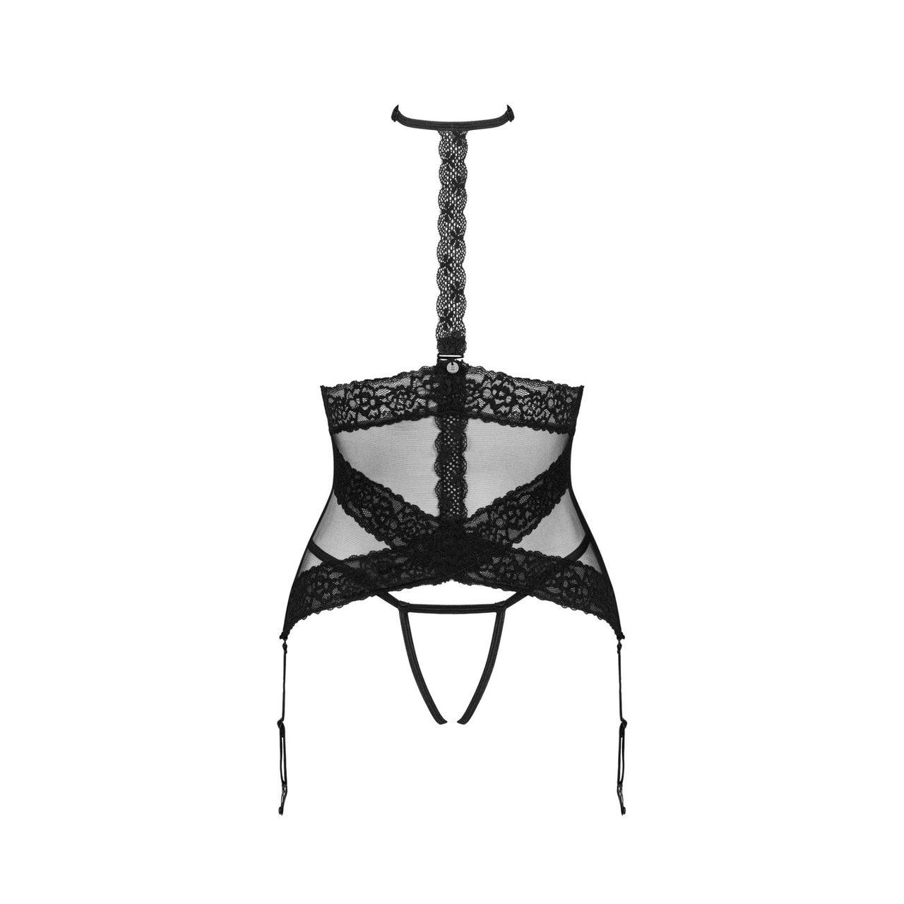 Czarny gorset z chokerem i otwartymi stringami XL/2XL | Loris.pl