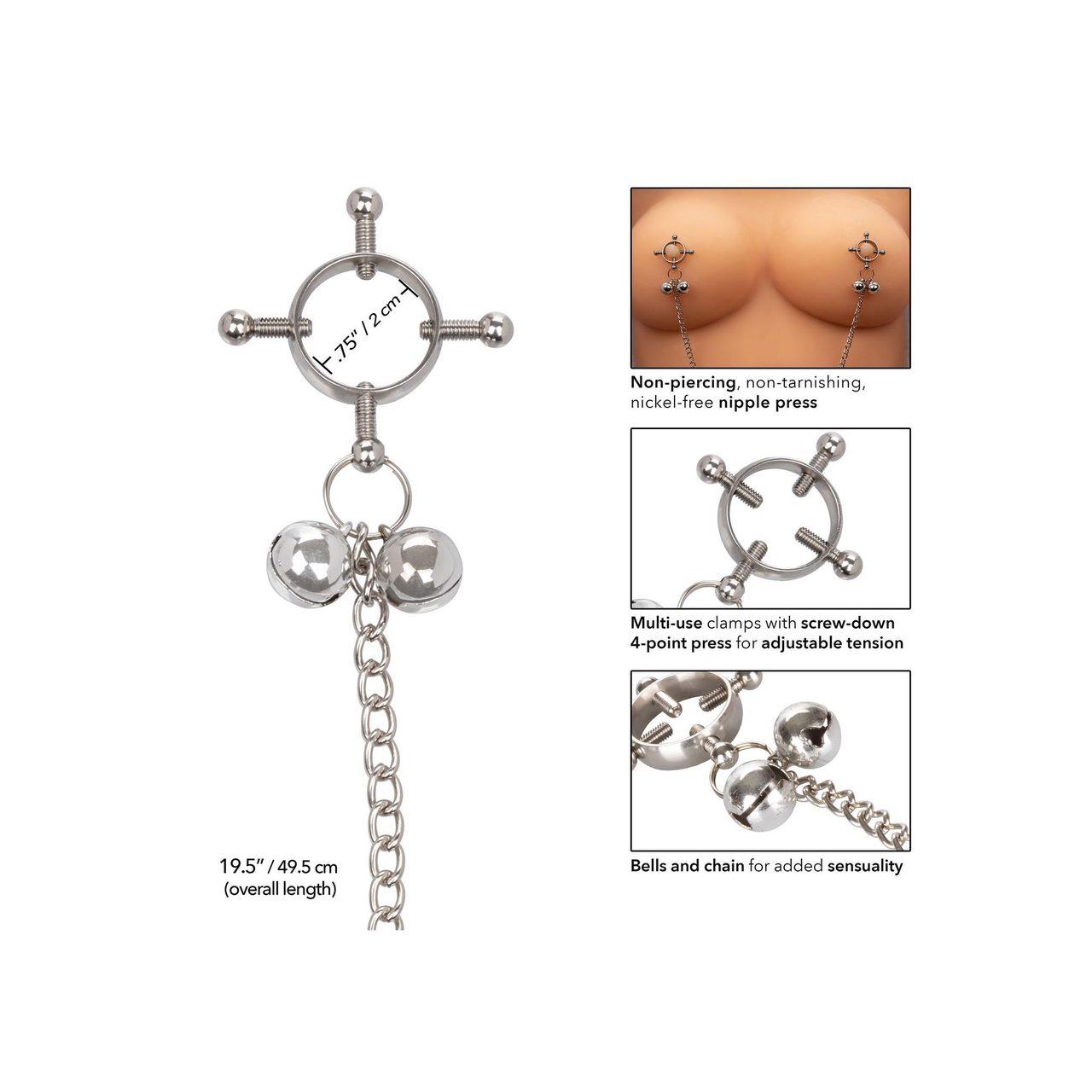 Metalowe klipsy na sutki z regulacją i dzwoneczkami BDSM | Loris.pl